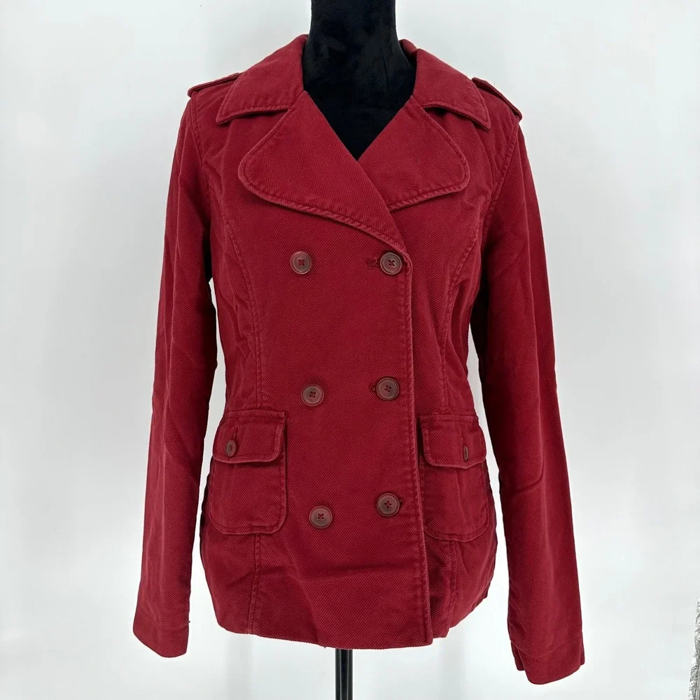 Y2K Mossimo‎ Burgundy Corduroy Double Breasted Pea Coat Cotton Jacket Wom Sz M/L